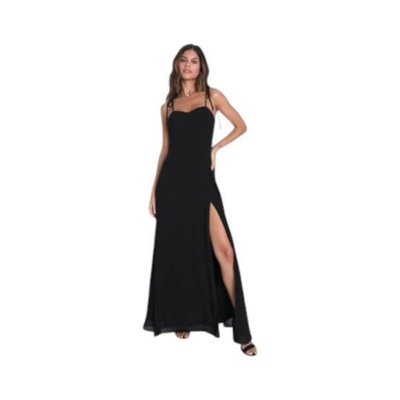 Lulu’s Chiffon Spaghetti Tie Strap Maxi Dress BlackSz Large FLAW #20 - Picture 1 of 7